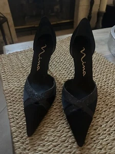 Nina Women's Black Satin Glitter Criss Cross Point Toe Pump 4" Heels size 6.5 M - Picture 1 of 11