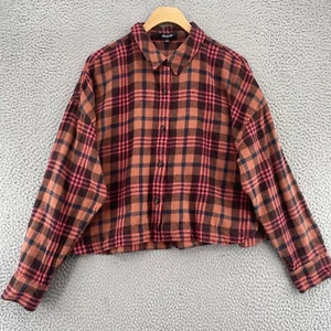 Top Madewell para mujer grande marrón a cuadros recortado mangas largas cuello abotonado - Imagen 1 de 11