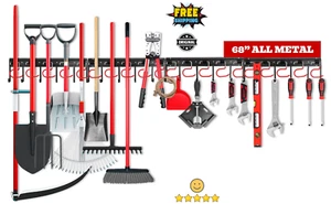 68" All Metal Garden Tool Organizer Rack – Garage Wall Mount Holder for Rake Bro - Picture 1 of 14