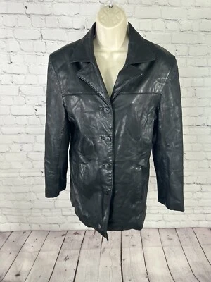 Chaqueta de motociclista Accents By Comint negra lisa abotonada de cuero genuino para mujer’s M Foto 1 de 4