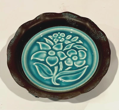 Hibiscus Flower Round Teal Blue Tile Metal w/Patina Flower Shape Candle Holder - Image 1 of 4