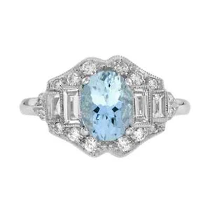 Art Deco Style Lab-Created Diamond Aquamarine Wedding Ring 14k White Gold Finish - Picture 1 of 11