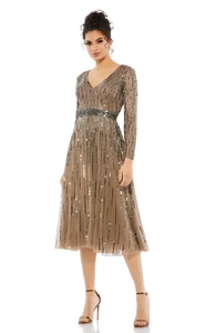 NWT Mac Duggal Long Sleeve Tea Length V-NECK DARK TAUPE Dress Sz 24 $558 #5528 - Picture 1 of 14