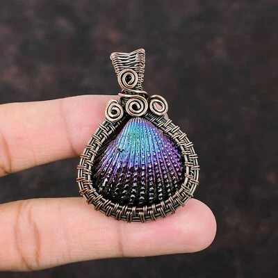 Gift For Women Jewelry Wire Wrapped Pendant Copper Titanium Coated Shell 2.13" - Image 1 of 4
