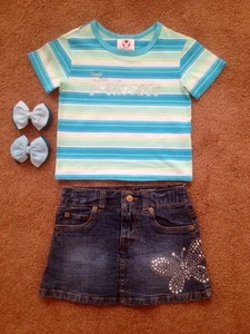 GIRLS 3 PC SET SIZE XS 4 TOP JEAN SKIRT DISNEY HAIRBOWS RHINESTONES!!! - Picture 1 of 12