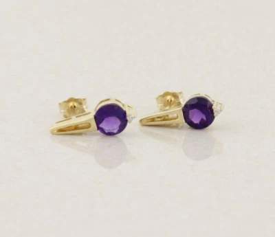 14k Yellow Gold Natural Amethyst & Diamond Earrings Stud Post - Image 1 of 4