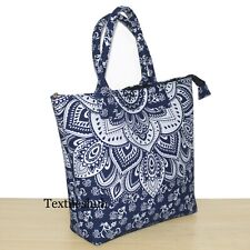Indian Handmade Blue Silver Ombre Mandala Handbag Women Cotton Tote Shoulder Bag