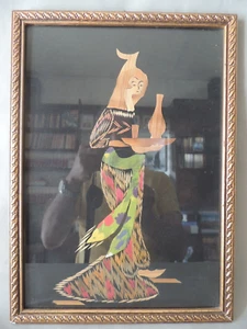Vintage bamboo painting woman in a frame - Picture 1 of 12