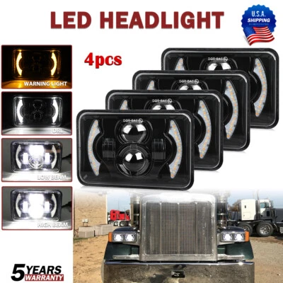 DOT 4pcs 4x6"inch Led Headlights Hi/Lo /w DRL for Kenworth T800 T600 W900 Trucks - Image 1 of 4