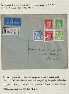 Correo aéreo registrado Guernsey 1945, uso mixto de estampillas tipo armas Guernsey y Jersey - Imagen 1 de 1