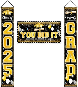 Black Gold Graduation Decorations Class of 2025 Congrats Grad Banner Grad Porch - Picture 1 of 12