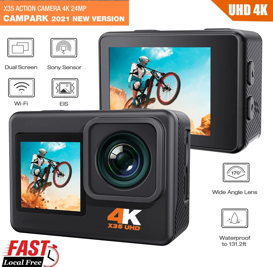 Campark WiFi 4K Action Camera 24MP Dual Screen Underwater Cam 40M Lowest 