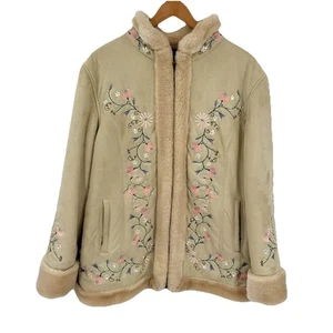 Abrigo Chaqueta Boho Western Bordado Floral Imitación Vegano Gamuza Forrado Sherpa GRANDE - Imagen 1 de 11