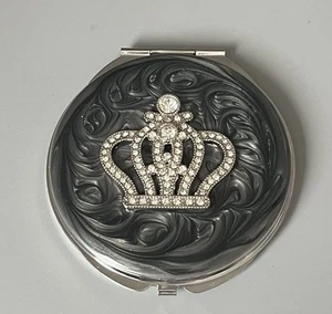 Round Folding Compact Mirror Purse-Travel Rhinestone Crown Swirl Enamel Silver - Picture 1 of 8