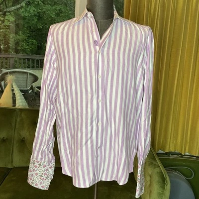 Camisa Robert Graham Rayas Puño Francés Blanca Lavanda Talla Med 39 15 1/2 Foto 1 de 4