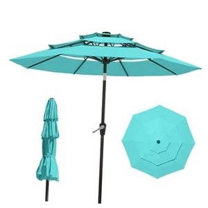 3 Tiers Patio Umbrella With Auto Tilt and Crank, Outdoor Table 9FT Peacock Blue - Picture 1 of 7