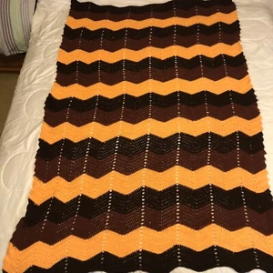 CROCHET LIGHT BROWN/DARK BROWN /ORANGE CHEVRON BLANKET 80”X50”  - Picture 1 of 6
