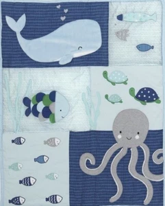 Lambs & Ivy Oceania 4 Piece Crib Bedding Whale/Octopus/Fish Blue/Gray/White - Picture 1 of 12