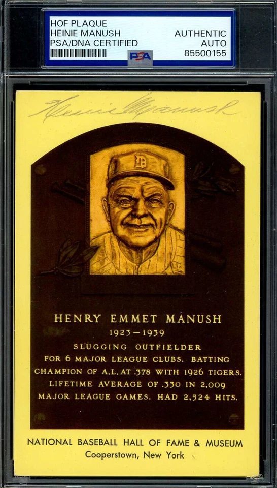 Heinie Manush PSA DNA Coa Signed Gold Hall of Fame Plaque Postcard Autograph - Image 1 of 1