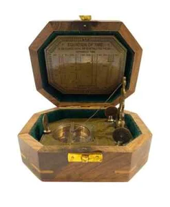 Vintage aussehende Chrom Messing Pendel Sonnenuhr Antik Gilbert Kompass Holzbox - Bild 1 von 5