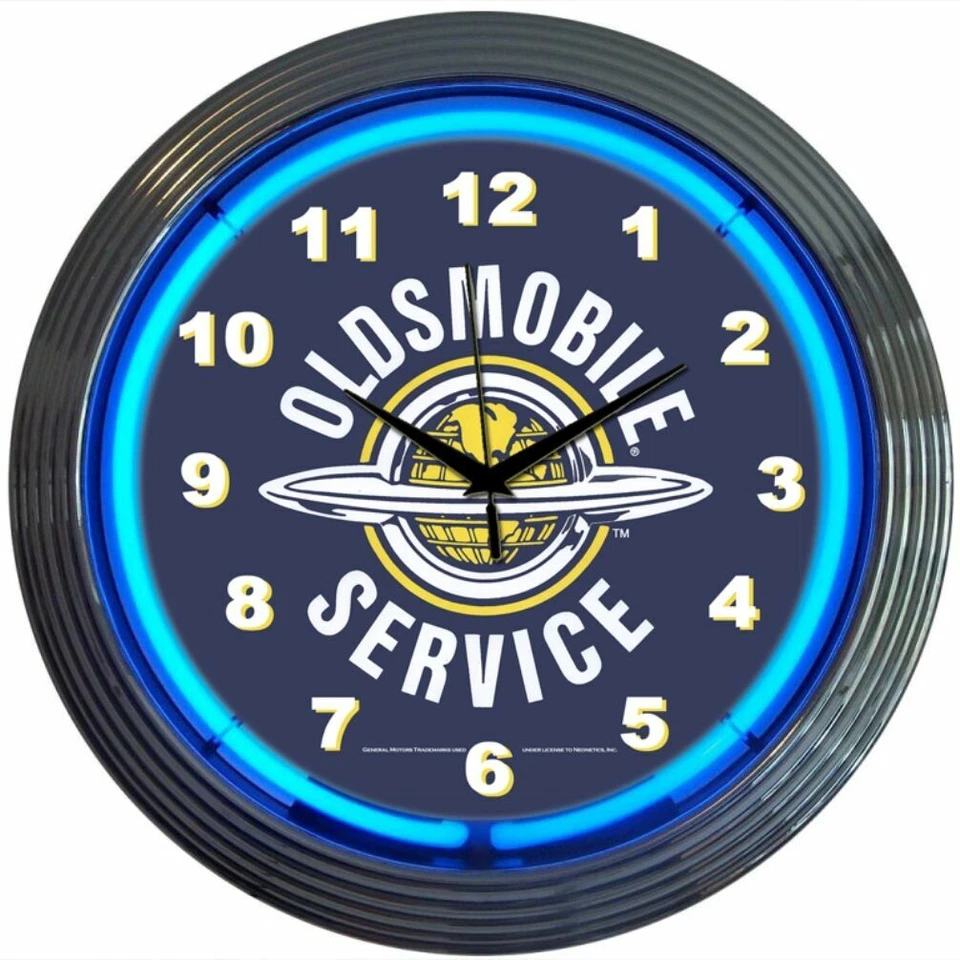 Reloj de Pared Oldsmobile Service Logo Azul Neón Colgante Negro 15" Diámetro 8OLDSM Foto 1 de 1