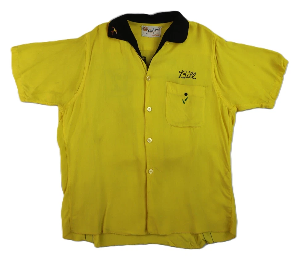 Camisa de boliche bordada amarilla mediana vintage años 50 KING LOUIE EE. UU. para hombre Foto 1 de 4