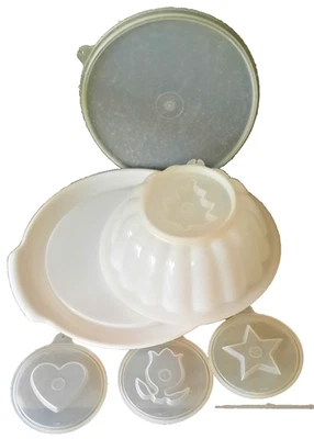 Tupperware-Puddingform Gelee Set-7 Teile-Servierplatte-🌹/❤️/🌲/⭐️Deckel-Vintage - Bild 1 von 4