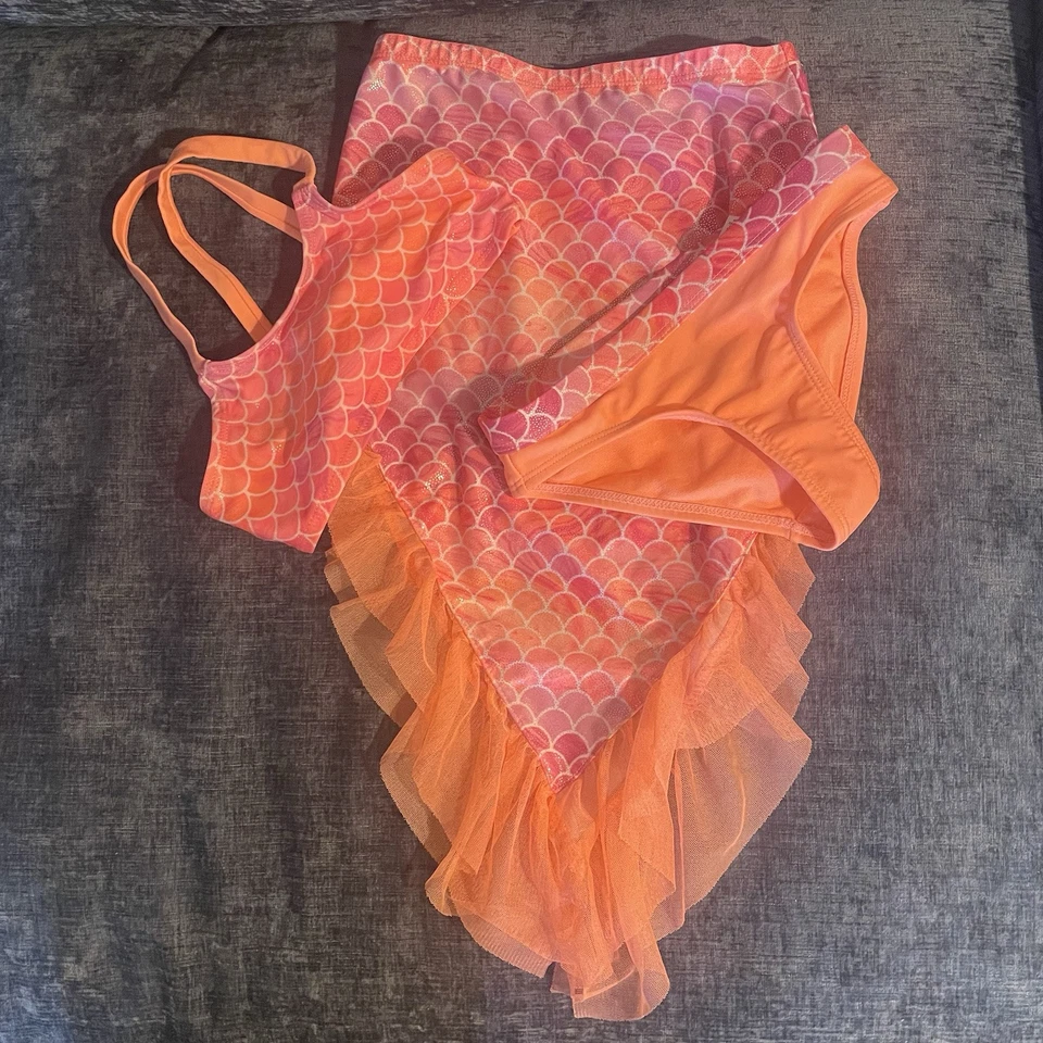 Traje de baño estilo sirena de 2 piezas y cubre naranja pastel/brillos XS 4-5 Foto 1 de 4