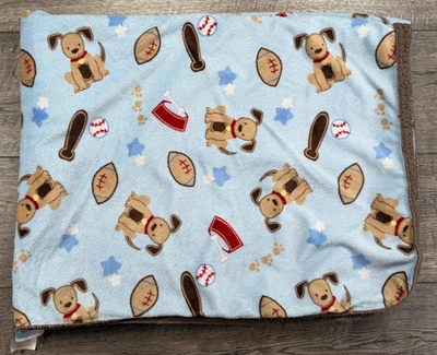 Manta bebé azul recién nacido deportes cachorro perro estrella fútbol béisbol marrón sherpa Foto 1 de 4