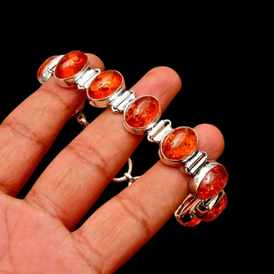 Baltic Amber(Lab-Created) Gemstone Handmade 925 Sterling Silver Jewelry Bracelet - Image 1 of 4