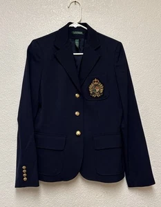 Lauren Ralph Lauren Women’s Crest Blazer Navy Blue Gold Buttons 100% Wool Sz 2 - Picture 1 of 9