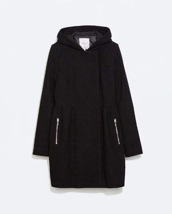 Casaco ZARA TRAFALUC mistura de lã com capuz plissado cintura com zíper ervilha tamanho grande - Imagem 1 de 4