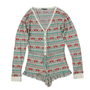 Wildfox Intimates Holiday Thermal Romper Fox Print Button Front Pajamas Small - Picture 1 of 4