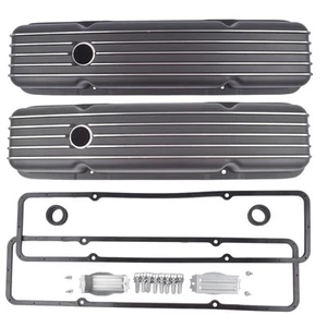 For 1958-1986 SBC Chevy 350 Black Aluminum Short Retro Finned Valve Covers NEW - Picture 1 of 12