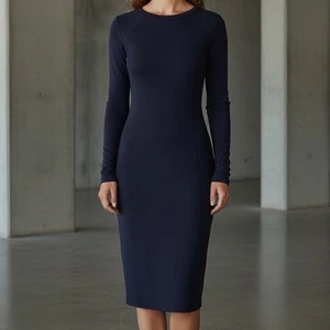 Kit and Ace | Minimalistisches Langarm Midi Jersey Kleid Navy Stretch Basic Small - Bild 1 von 5