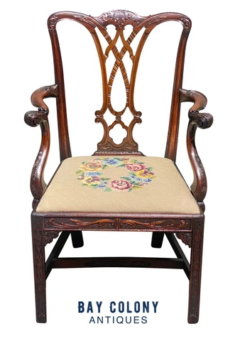 19TH C ANTIQUE CHIPPENDALE STYLE CARVED MAHOGANY DESK CHAIR W/ NEEDLEPOINT SEAT Cover