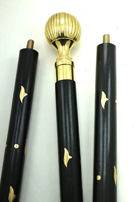 Bastón de madera negro 3 pliegues vintage con mango de cabeza redonda de latón macizo de 37" Foto 1 de 4