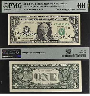 1988A $1 Federal Reserve Note - PMG 66EPQ - Dual Autograph - Villalpand / Brady - Image 1 of 3