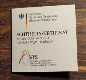 Zertifikat für Goldmünze 20 Euro Heimische Vögel Nachtigall 2016 - Bild 1 von 3