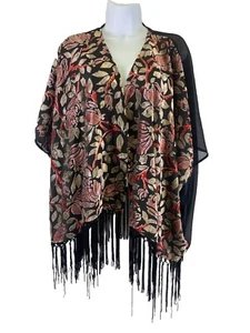 Hippie Laundry Fringe Kimono Cardigan Shrug Burnout Velvet Rose Floral Medium - Picture 1 of 11