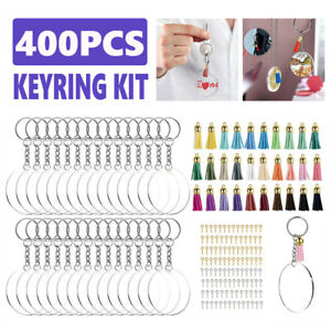 400pcs Keyring Clear Acrylic Circle Discs Keychain Blank Tassel Pendants DIY Kit