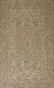 Vintage Muted Beige Geometric Tebriz 8'x12' Area Rug Handmade Rug Wool Carpet