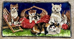 Vtg Kittens Cats Garden Basket Velvet Tapestry Carpet Wall Hanging 19" x 38” Rug