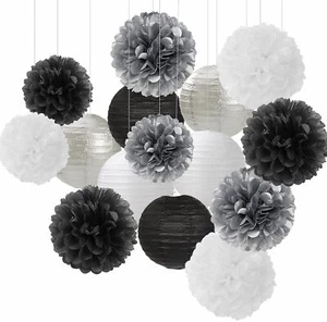 Black White Silver Party-Decorations Paper Flowers Lanterns - 15PCS Birthday ... - Picture 1 of 7