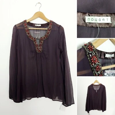 Blusa Top Turrón Púrpura Transparente Cuentas Lentejuelas Cuello en V Talla UK Pequeña Nueva con Etiquetas Foto 1 de 4