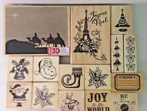 Lot of 15 Wood Rubber Stamps Christmas Santa Bell  Rudolph 3 Kings Joy New - Picture 1 of 4