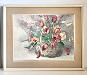 1985 Framed/Matted BARBARA MOCK 12x16 Artwork Needlepoint Cross Stitch ~ Tulips - Picture 1 of 10