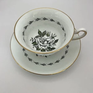 Vtg. Rosina English Black/White Rose Green Leaves Gold Trim Tea Cup & Saucer EUC - Picture 1 of 13