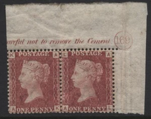 1858 1d ROSE RED PLATE 169 (AK-AL PAIR) WITH CORNER PLATE NUMBER. SG 43 - Picture 1 of 1