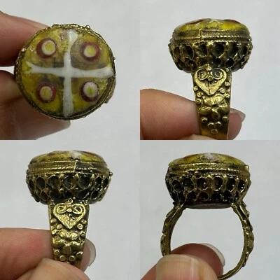 Rare bague ancienne romaine colorée mosaïque verre plaqué or - Photo 1/4